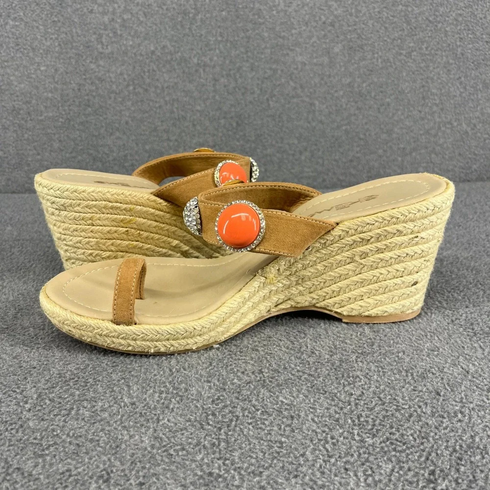 Skemo Wedge Sandals Womens 10‎ Tan Coral Embellished Espadrille Boho Rhinestone